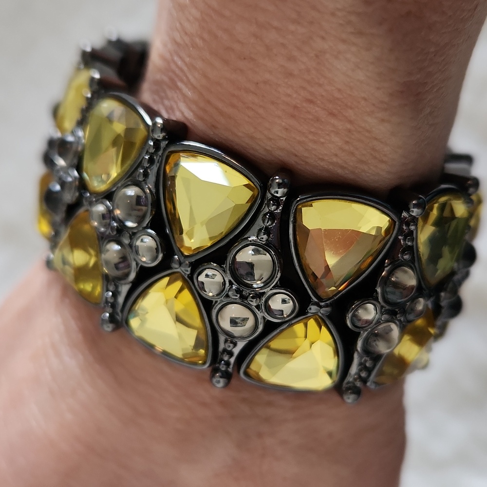 Lia Sophia Couture Signed Silver Yellow Crystal Statement Bracelet Stretch Band - Picture 4 of 6